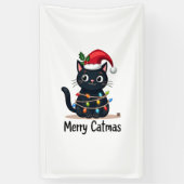 Prettige Kattenkerstmis Zwarte Kat Kerstlicht Kers Spandoek (Verticaal)