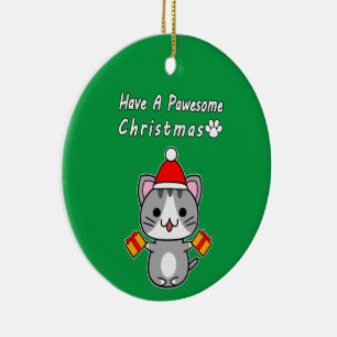 Prettige Kerst - Grijze Lapjeskat Keramisch Ornament