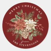 Prettige Kerst Poinsettia Burgundy Ronde Sticker (Voorkant)