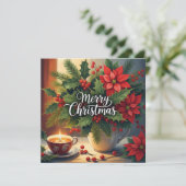 Prettige kerst Rode Poinsettia, Hulst Bes  Feestdagenkaart (Staand voorkant)