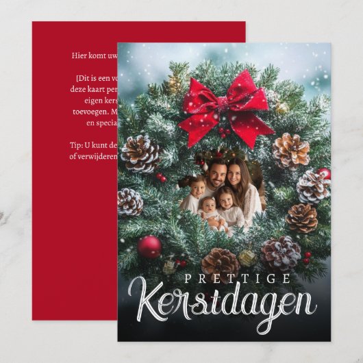Prettige Kerstdagen Foto Kerstkrans Dennenappels Feestdagenkaart (Voorkant / Achterkant)