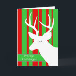 Prettige Kerstdagen, Kerstmis in het Nederlands, D Feestdagen Kaart<br><div class="desc">Prettige kerstdagen,  Merry Kerstmis in het Nederlands. Witte hertenillustratie (buck) op een gepatterde achtergrond van contrasterende rode en groene strepen. Helder,  moedig ontwerp voor het kerstseizoen,  deer clip art-bedankt naar Last-Dino/OpenClipArt</div>