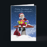 Prettige Kerstdagen - Nederlandse Kerstkaart met Feestdagen Kaart<br><div class="desc">Gemaakt door Moonlake Design: Een pretKerstman op een paddestoel wordt gezeten die zijn giften controleren, is hij een gelukkig kloofje met een het verwarmen glimlach die om het even welk hart deze Vakantie, een grote ontwerperkaart voor zij zal smelten die exclusief willen zijn - nieuwjaar en van Prettige Kerstdagen die...</div>