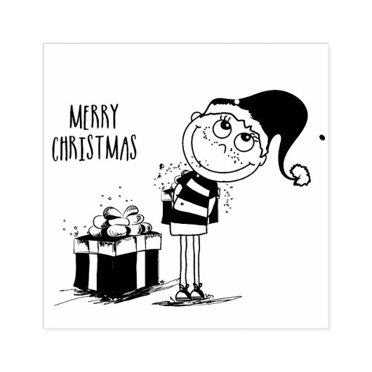 Prettige Kerstdagen Schattige Jongen met Geschenk  Rubberstempel (Afrduk)