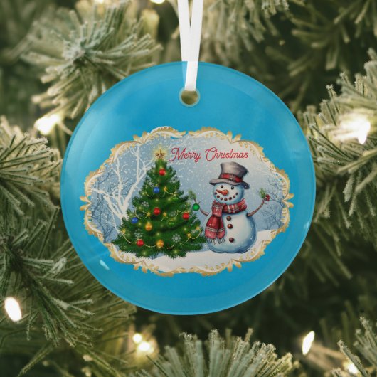 Prettige Kerstman Sneeuwpop Boom Knuffel Glas Ornament (Insitu)
