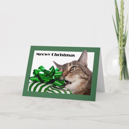 Prettige (Merry) Kerstmis Cute Kat Met Cadeau Feestdagen Kaart (Voorkant)