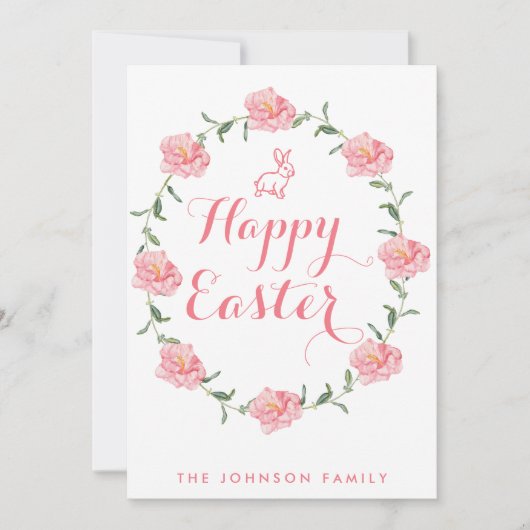 Prettige Pasen Kaarten Roze Konijn En Krans (Voorkant)