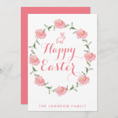 Prettige Pasen Kaarten Roze Konijn En Krans (Voorkant / Achterkant)