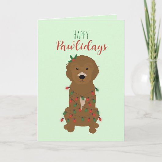 Prettige Pawlidays Goldendoodle Kerstlichtjes Kaart (Voorkant)