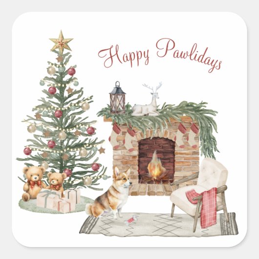 Prettige Pawlidays Hond Design- Corgi Vierkante Sticker (Voorkant)