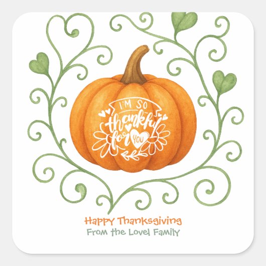Prettige Thanksgiving Dankbare Scroll Pompoen Vierkante Sticker (Voorkant)