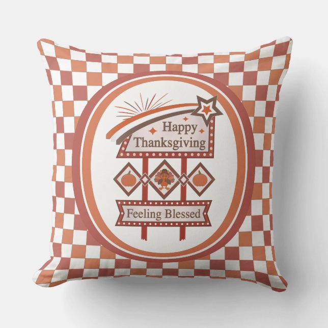 Prettige Thanksgiving Gevoel Gezegend Retro Bord Kussen (Voorkant)
