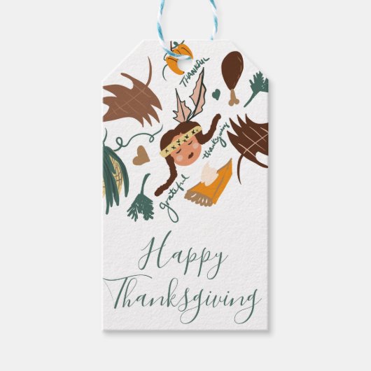 Prettige Thanksgiving-pilgrim Fall Greenery Doodle Cadeaulabel (Voorkant)