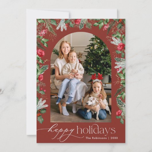 Prettige vakantie bordeauxrode winter botanische b feestdagenkaart (Voorkant)