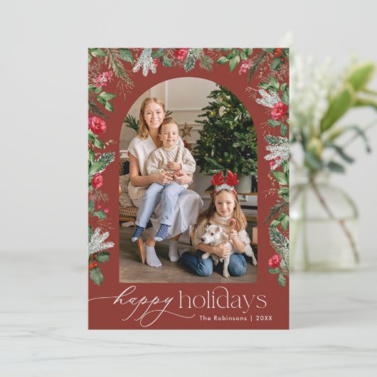 Prettige vakantie bordeauxrode winter botanische b feestdagenkaart (Staand voorkant)