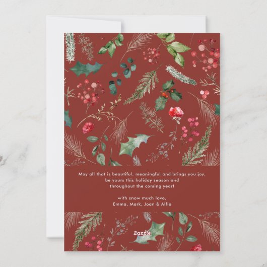 Prettige vakantie bordeauxrode winter botanische b feestdagenkaart (Achterkant)