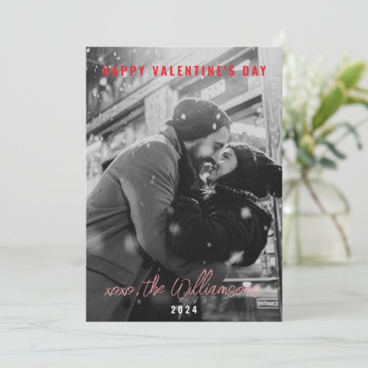 Prettige Valentijnsdag Rood Hart Paar Foto Feestdagenkaart (Staand voorkant)