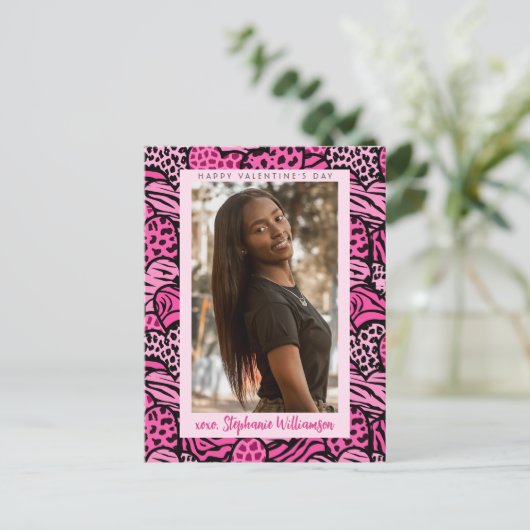 Prettige Valentijnsdag Roze Jungle Harten Foto Feestdagenkaart (Staand voorkant)
