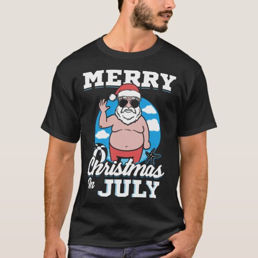 Prettigkerstfeest in juli grappige kerstman  t-shirt (Voorkant)