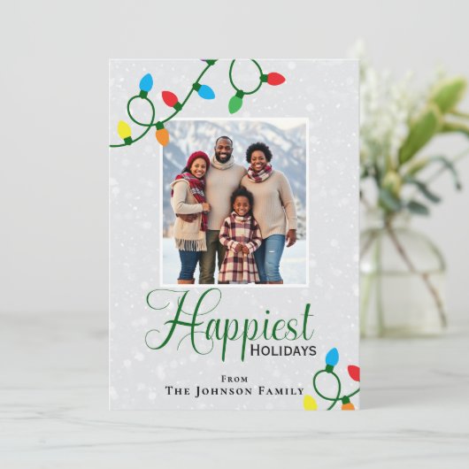 Prettigst kerstfeest kerstlichten familie foto  feestdagenkaart (Staand voorkant)