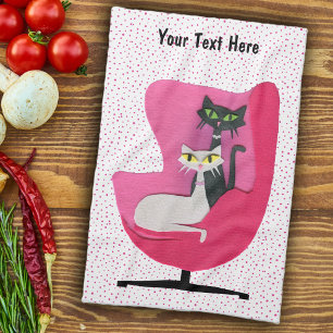 Pretty Atom Cats in Mid Century Roze Stoel Stippen Theedoek