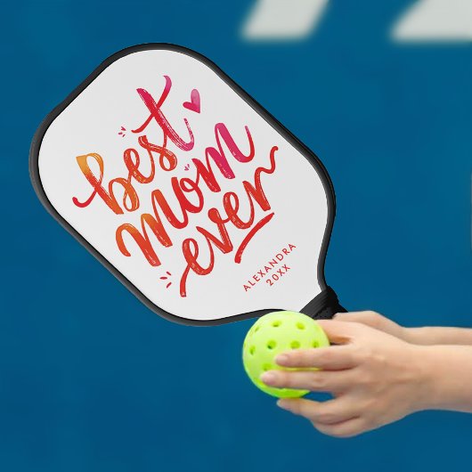 Pretty Best Mom Ever Red And White Brush Script Pickleball Paddle