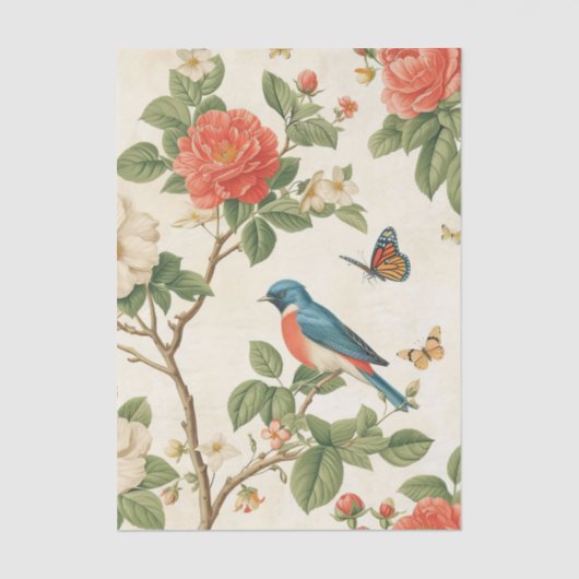 Pretty Bird and Butterflies with Peony Branches Tissuepapier (Voorkant)