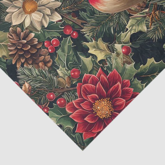 Pretty Bird on Pine Tree Branches with Flowers Tissuepapier (Detail)