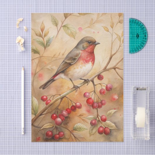 Pretty Bird Perched on a Branch with Red Berries Tissuepapier (Craft)