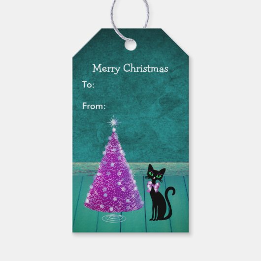 Pretty Black Cat Bow Pink Christmas Tree Teal Cadeaulabel (Voorkant)
