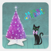 Pretty Black Cat Pink Bow Pink Christmas Tree Teal Vierkante Sticker (Voorkant)