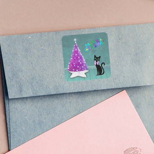 Pretty Black Cat Pink Bow Pink Christmas Tree Teal Vierkante Sticker