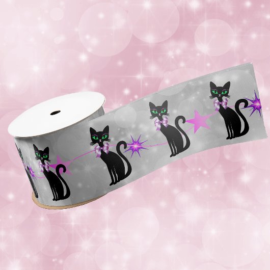 Pretty Black Cats Pink Bows Stars on White Circles Satijnen Lint