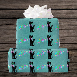 Pretty Black Mid Century Cat Pink Bow Christmas Cadeaupapier