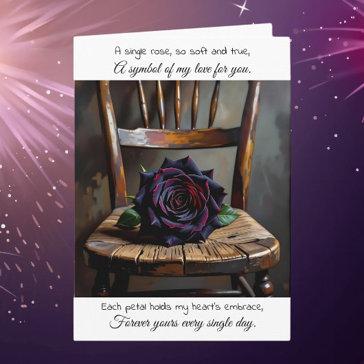 Pretty Black Rose on Rustic Chair | Anniversary Kaart