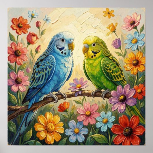 Pretty Blue and Green Parakeets Poster (Voorkant)