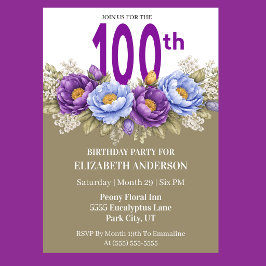 Pretty Blue and Purple Peony 100th Birthday Kaart