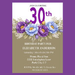 Pretty Blue and Purple Peony 30th Birthday Kaart<br><div class="desc">Celebrate a milestone in elegant style with this stunning 30th birthday invitation featuring lush watercolor peonies in rich purple and soft blue tones. The sophisticated floral arrangement paired with modern typography creates a timeless and feminine design perfect for a memorable birthday celebration. Ideal for women’s birthday parties, garden gatherings, or...</div>