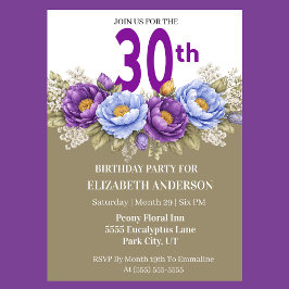 Pretty Blue and Purple Peony 30th Birthday Kaart