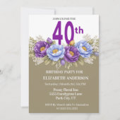 Pretty Blue and Purple Peony 40th Birthday Kaart (Voorkant)