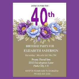 Pretty Blue and Purple Peony 40th Birthday Kaart