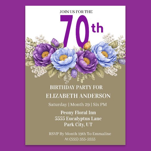 Pretty Blue and Purple Peony 70th Birthday Kaart