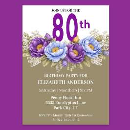 Pretty Blue and Purple Peony 80th Birthday Kaart