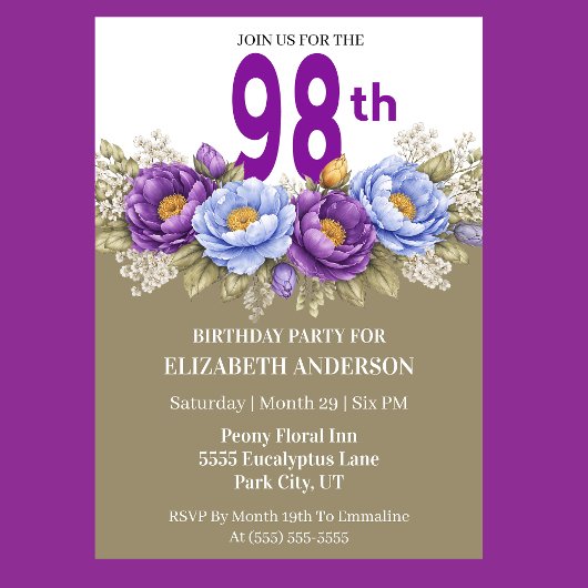 Pretty Blue and Purple Peony 98th Birthday Kaart