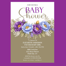Pretty Blue and Purple Peony Girl Baby Shower Kaart