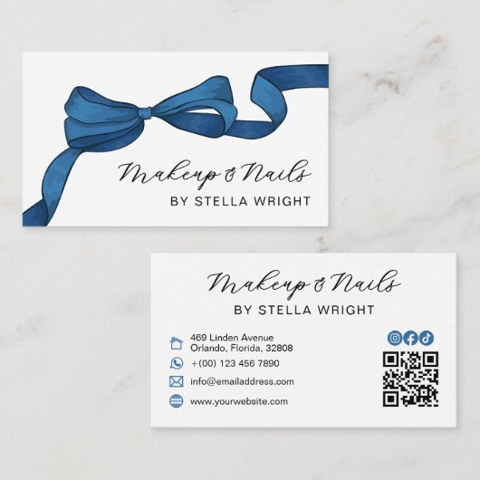Pretty Blue Bow Beauty QR Code Visitekaartje (Voorkant / Achterkant)