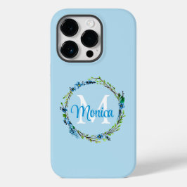Pretty Blue Floral Wreath with Monogram Case-Mate iPhone 14 Pro Hoesje
