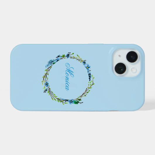 Pretty Blue Floral Wreath with Monogram iPhone 15 Case (Achterkant horizontaal)