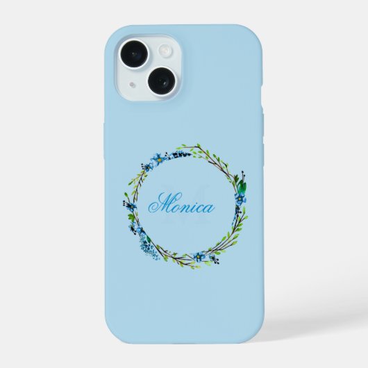 Pretty Blue Floral Wreath with Monogram iPhone 15 Case (Achterkant)
