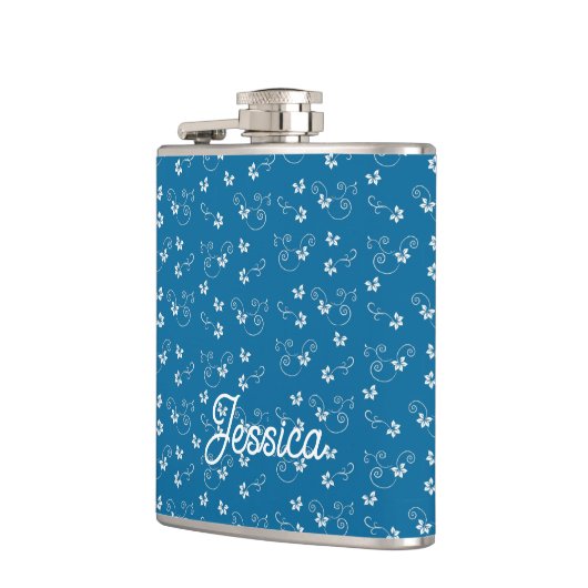 Pretty Blue Flower Pattern Personalised Heupfles (Links)